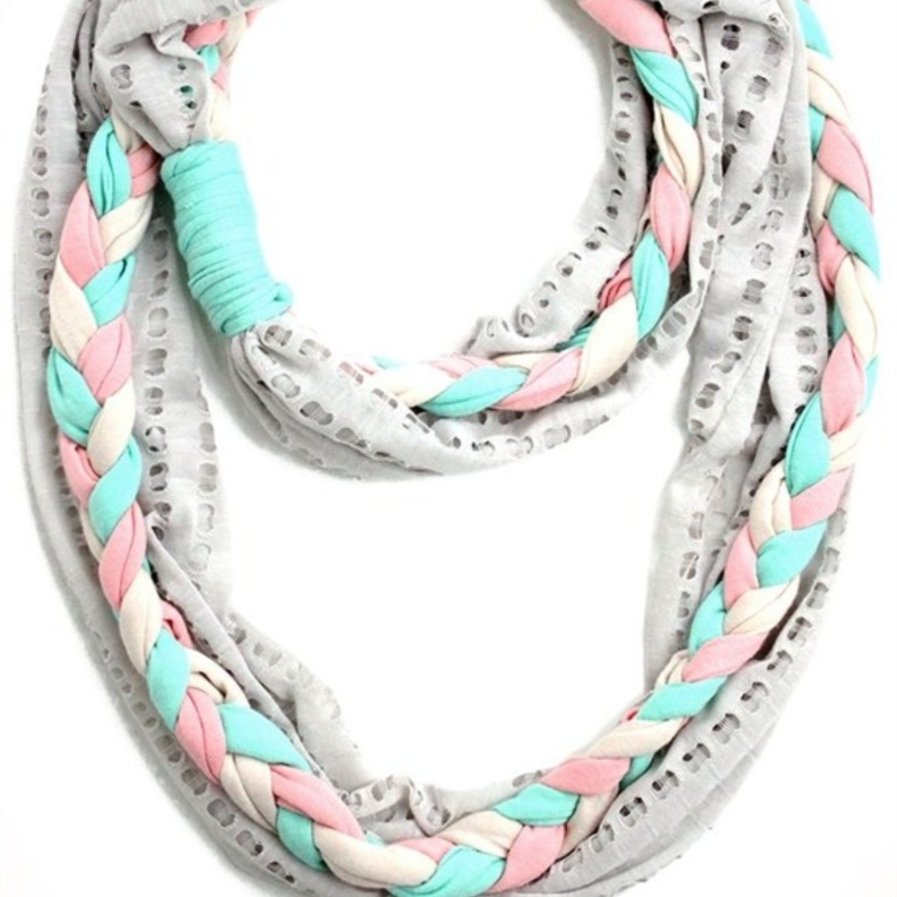 Braided Infinity Scarf Gray Mint Pink Cream